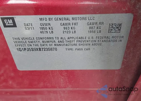 2011 Chevrolet Cruze Eco из США, поврежденный, VIN 1G1PJ5S9XB7235870